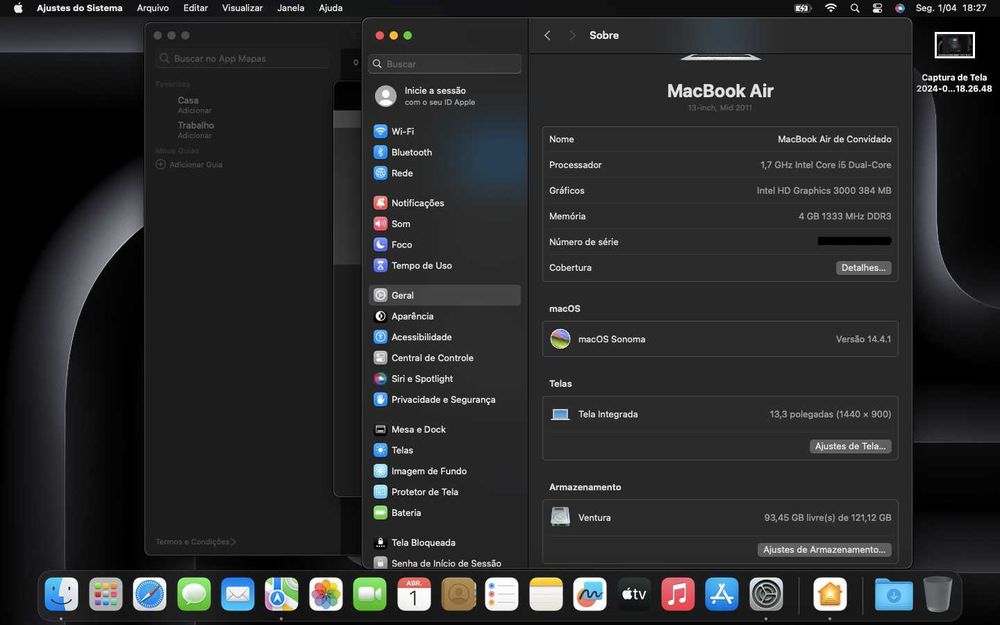 MacBook Air 13" 2011 com ultimo Mac Os (Sonoma)