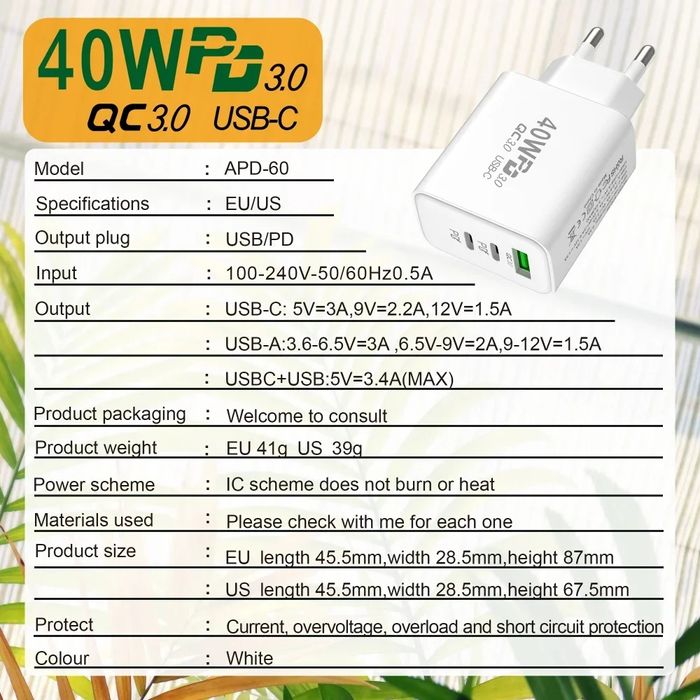 Ładowarka sieciowa 40W 2x USB -C + USB -A do telefonu tabletu