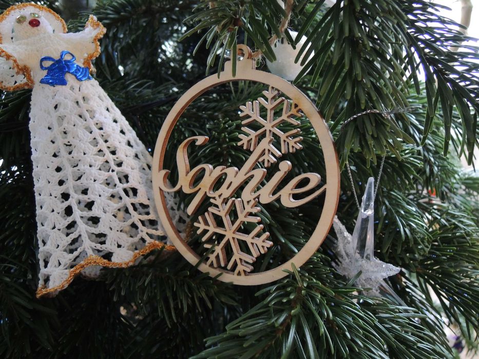 3 x Bombka ażurowa  imie dziecka drewno ok 11x10cm