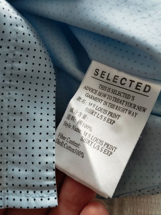 Bawełniana koszula męska, błękitna, w groszki, slim fit r.S/M Selected