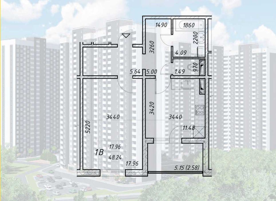 1- кімн квртира в ЖК Деснянський. Площа 48, 24 кв. м. єОселя
