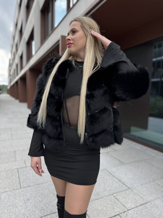 Futro naturalne / kurtka damska czarny lis 3 w 1 krótka nowa zimowa s