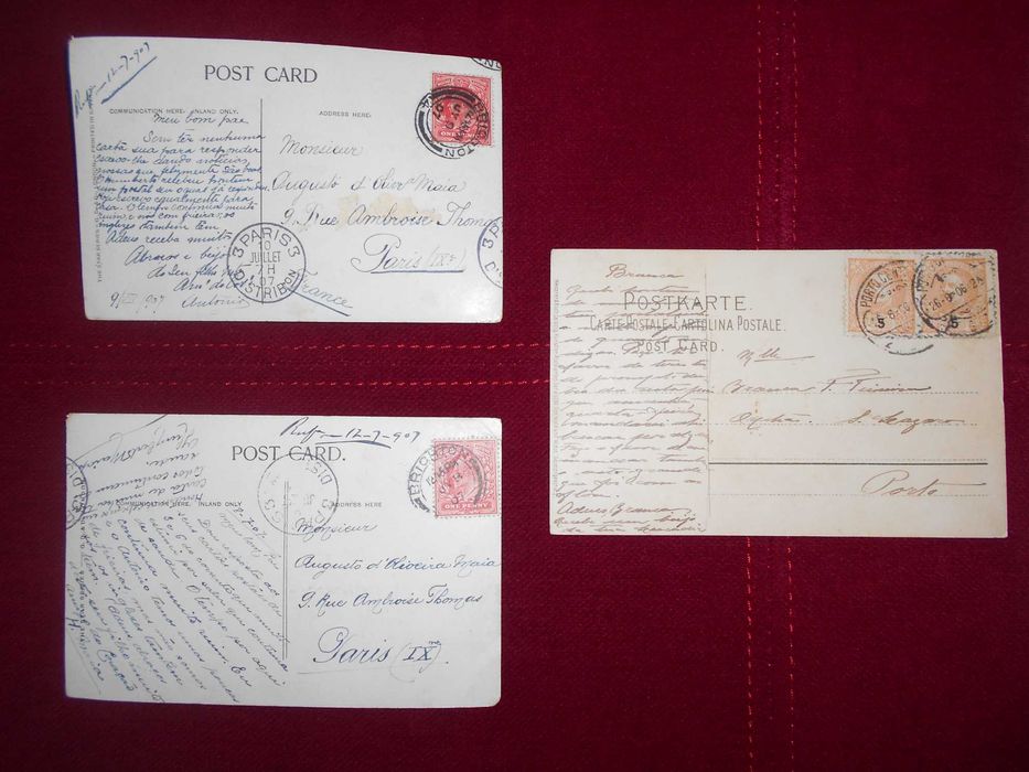 5 postais centenários, manuscritos e com selos (1904 a 1907)