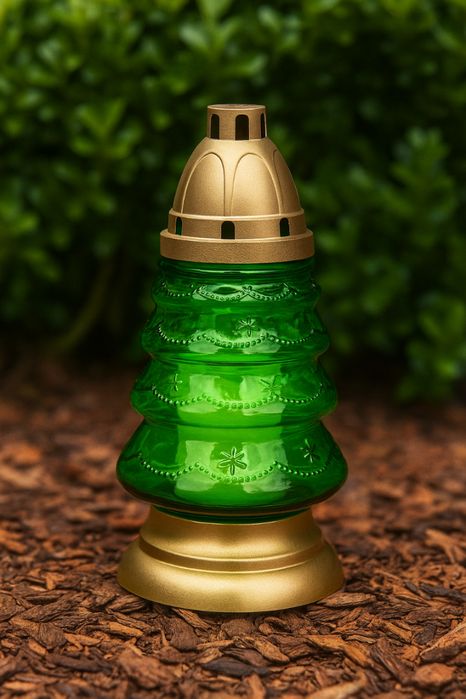 Znicz Boże Narodzenie Choinka Szklany Zielony Złoty 25Cm + Wkład