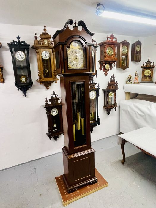 Piekny kwadransowy francuski zegar podłogowy 218 cm  8 strun gongi