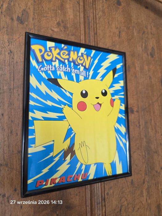 Plakat retro Pokémon PIKACHU 1999 w ramce (25x20 cm) – Vintage / Kolekcjonerski
