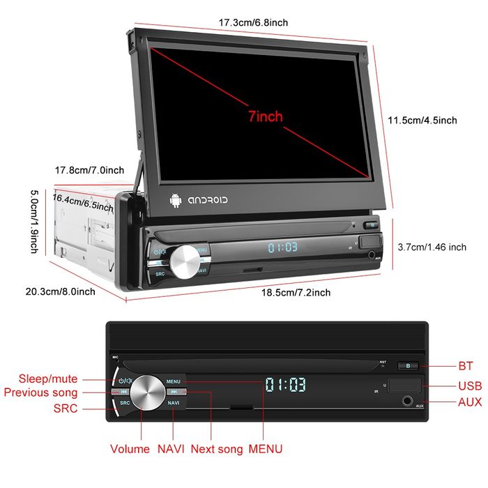 Rádio Android 15 1din Retrátil 2/64GB GPS CARPLAY Wi-Fi Bluetooth NOVO