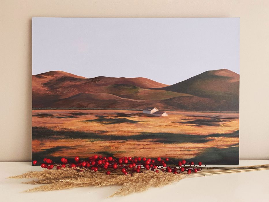 Obraz akrylowy 50x70 cm, pejzaż z górami i złotym alcentem, ręcznie malowany