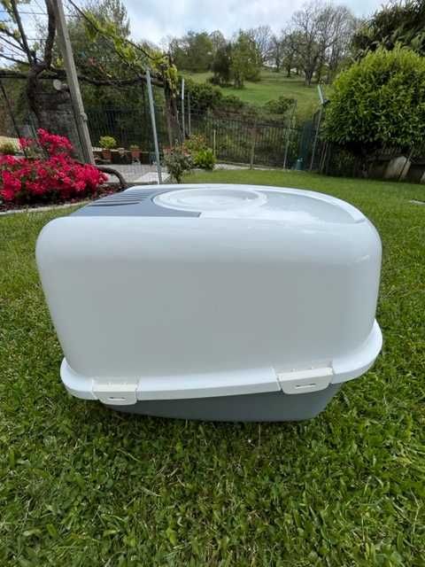 Duas caixas de areia para gatos.