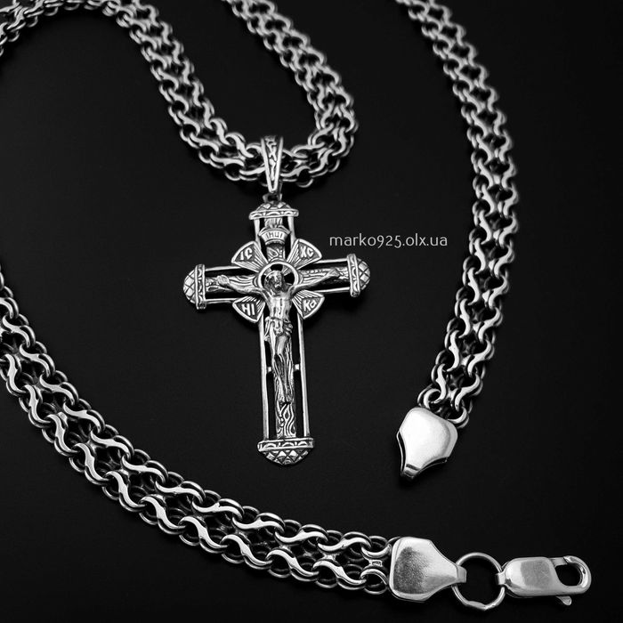 Чоловіча срібна цепочка подвійний струмок з хрестом Спаси Сохрани 925