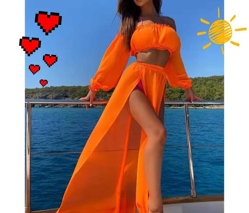 Sexy komplet stroj zestaw pareo letni plażowy bikini dwuczęściowy top suknia zestaw