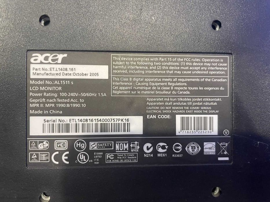 Монітор Acer AL1511 15" LCD VGA повністю робочий
