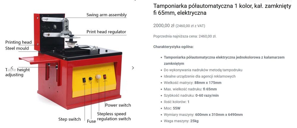 Tamponiarka półautomatyczna 1 kolor, kał. zamknięty fi 65mm KURIER W CENIE