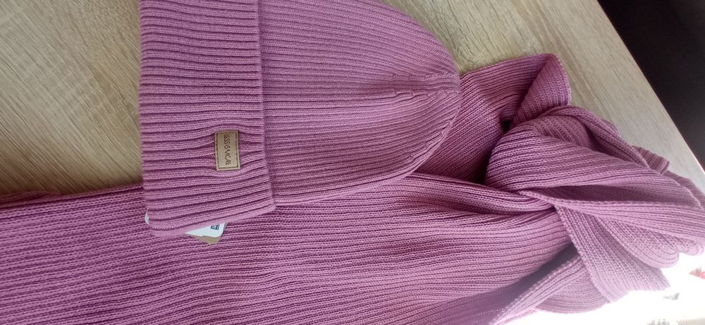 Wrzosowy zestaw szalik czapka 100% merino certyfikat jakości