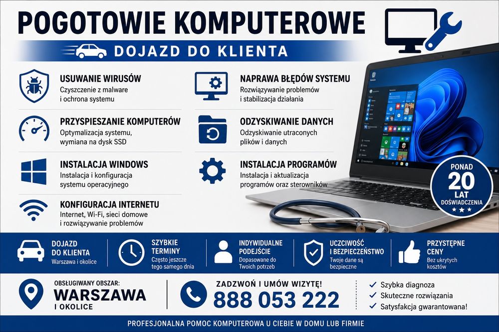Pogotowie komputerowe | Dojazd do klienta | Usuwanie wirusów | Windows | Warszawa