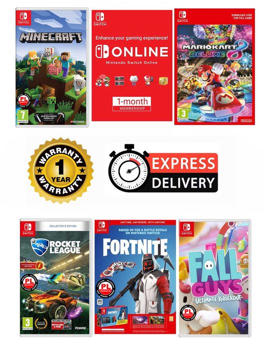 Nintendo SWITCH Oled 64GB + 5 gier + szkło + grip + online + ROK Gwara