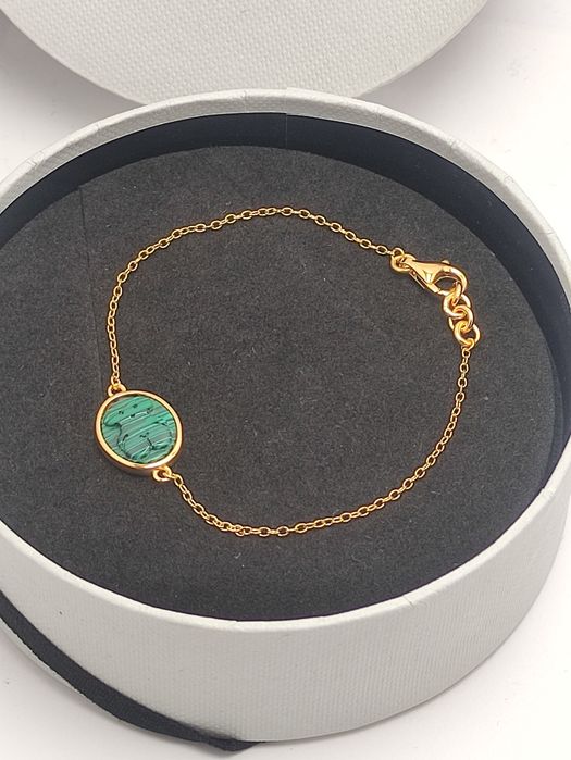 Bransoletka z misiem żółte srebro vermeil 925 z malachitem camee