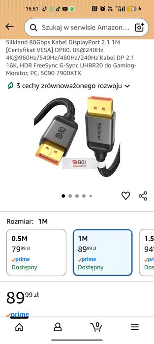 Kabel Silkland DisplayPort 2.1 DP80 80Gbps VESA 1m