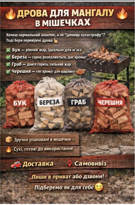 Продаються дрова , для мангалу різних порід