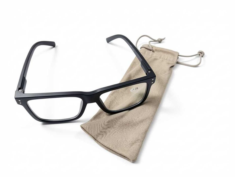 V061 Okulary Do Czytania Plusy +1.25 Modne Czarne Oprawki Prostokątne Klasyczne Eleganckie Uniwersalne Korekcyjne Męskie Damskie Szkła Etui Worek