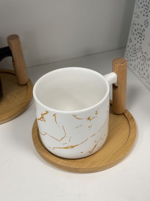 Filiżanka z podstawką czarna biała bambus Nowe