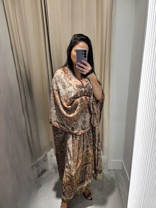 długa sukienka luźna tunika kaftan wzór paisley Zara M L XL dekolt serek wiskoza z