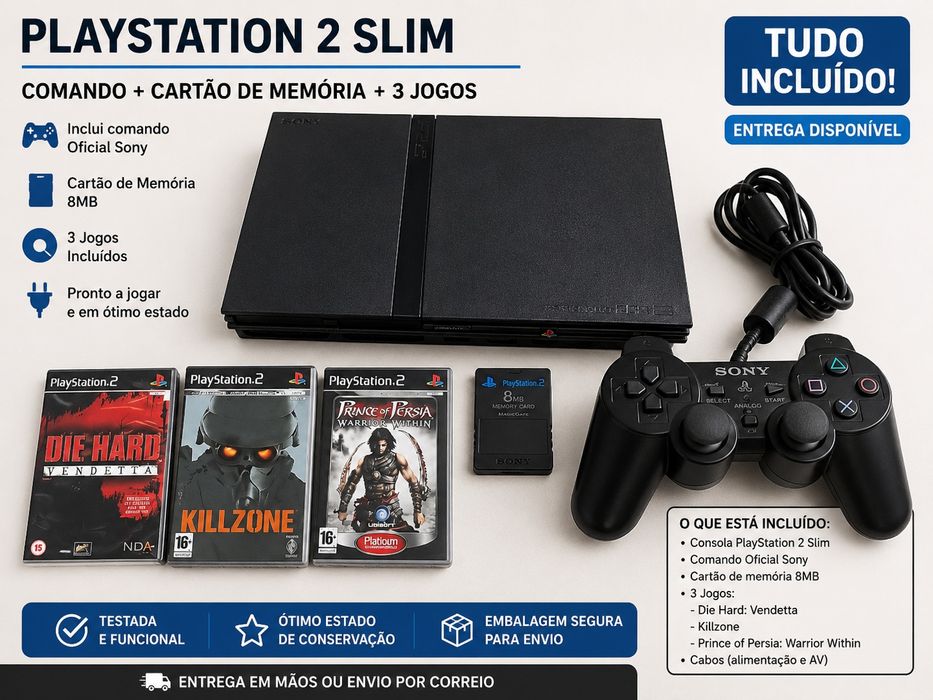 Sony PlayStation 2 Slim + Comando + Memory Card + 3 Jogos Originais
