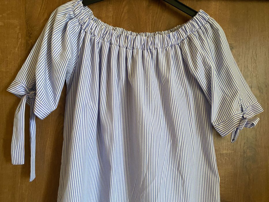 Sukienka błękitno-białe paski prążek koszulowa klasyczna