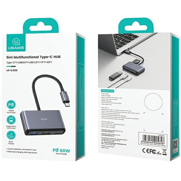 Usams Adapter Hub 5w1 USB 2.0/USB 3.0/Usb-c/Tf/Sd szary/dark grey SJ628HUB01 (US-SJ628)