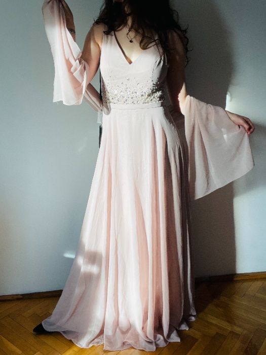 M 38 nowa Unique Suknia balowa szal gratis szalik długa misty mauve