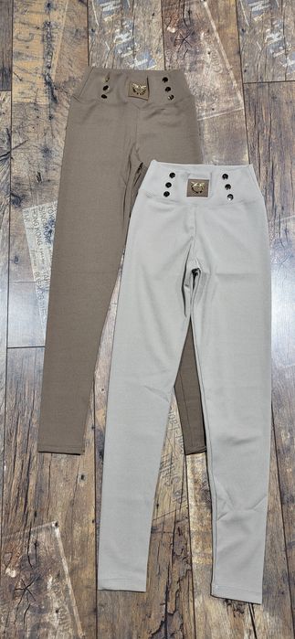 2 pary legginsy prążek beżowe brązowe ptaszki premium S
