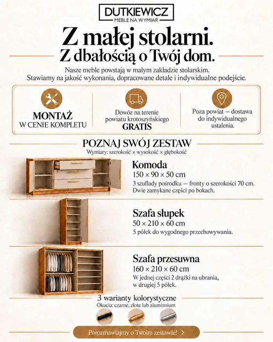 Zestaw mebli: szafa przesuwna 160 cm, komoda i słupek (Montaż w cenie)