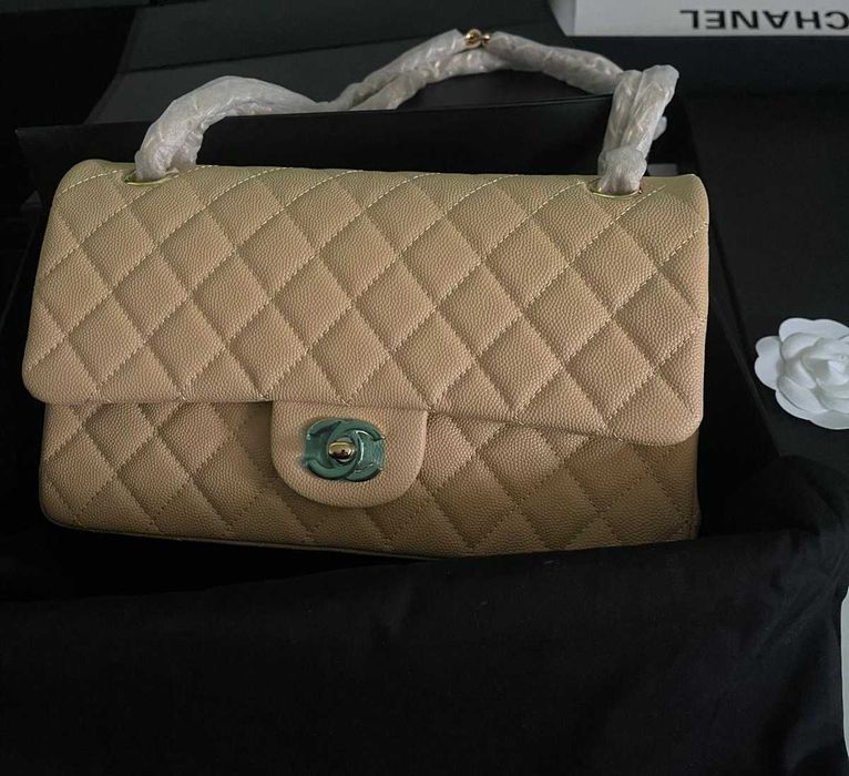torebka chanel flap beżowa skóra pudełko od ręki 24H