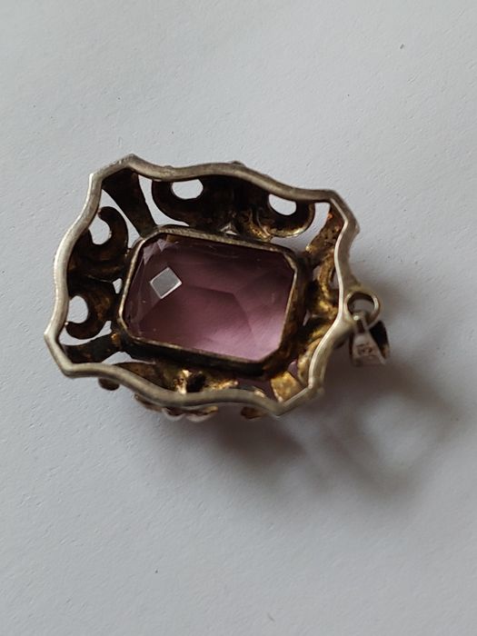 Stara srebrna zawieszka ametyst wisiorek medalik srebro rękodzieło