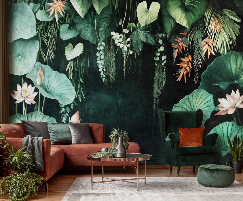 Fototapeta Ciemna Zieleń Kwiaty Liście Woda Dżungla Tropiki 3D + KLEJ
