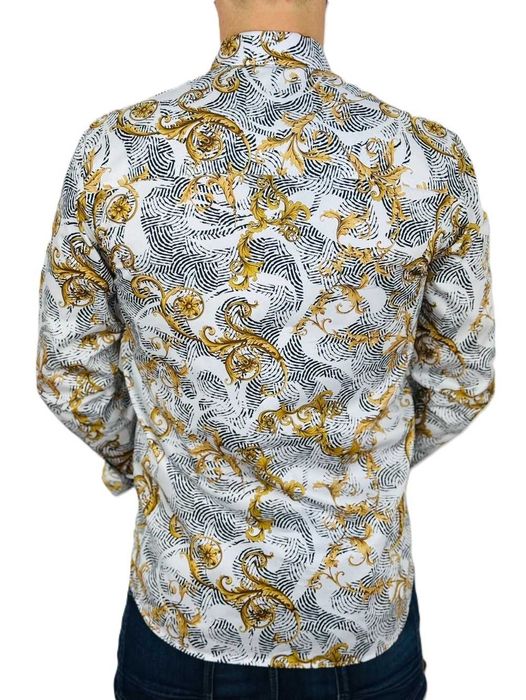 DANIEL BESSI Koszula męska fb114 biała, złota, glamour, kwiaty