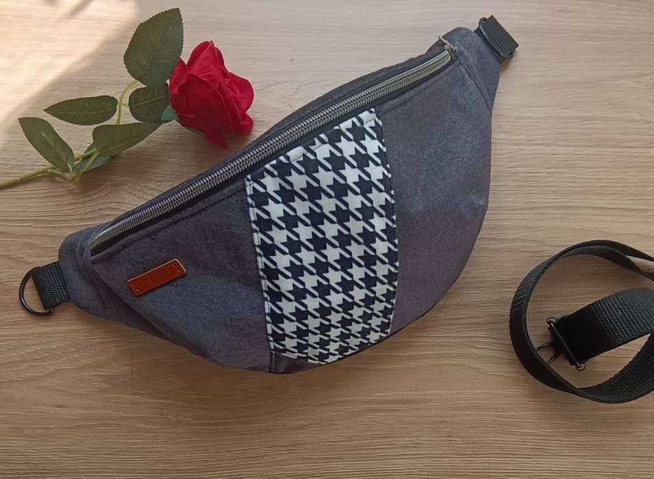 Nerka torebka saszetka szara pepitka handmade rękodzieło