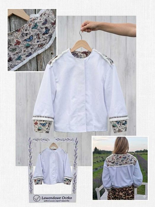 Kurtka bomber z białego denimu. Ręcznie wykonany