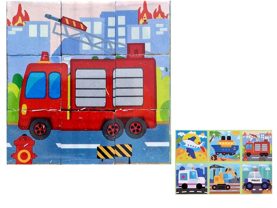 Drewniane klocki obrazkowe 6w1 POJAZDY