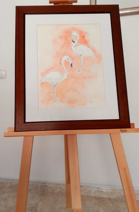 Quadro pintura aguarela original flamingos