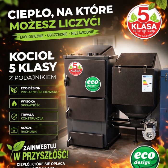 Kocioł Kotły 5 KLASA + ECODESIGN 14 KW z podajnikiem 100-140m2