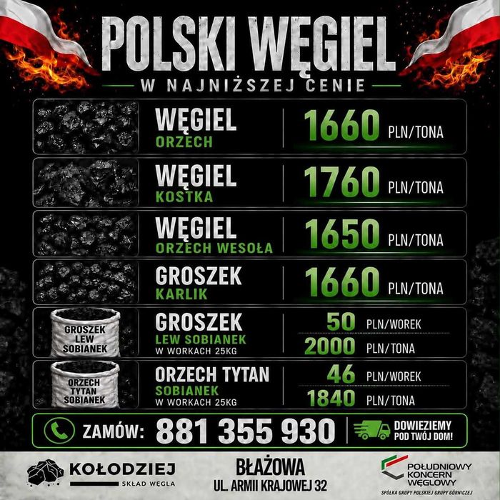 Węgiel polski orzech, kostka, groszek – sprzedaż | transport Piast , Sobieski , Wesoła