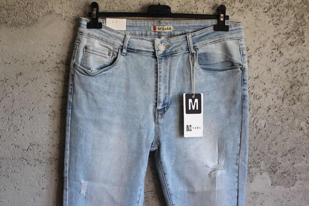 M'SARA jeansowe spodnie skinny r.44/46 mega dziury, strzępienia