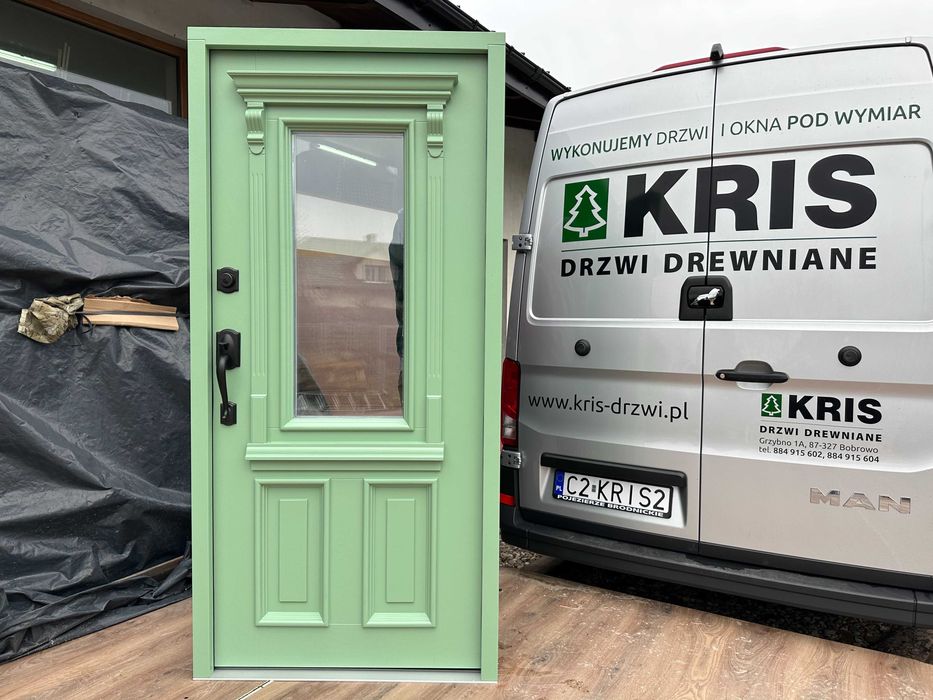 Drzwi zielone zewnętrzne drewniane Klamka schlage Montaż cała Polska niebieskie czarne białe