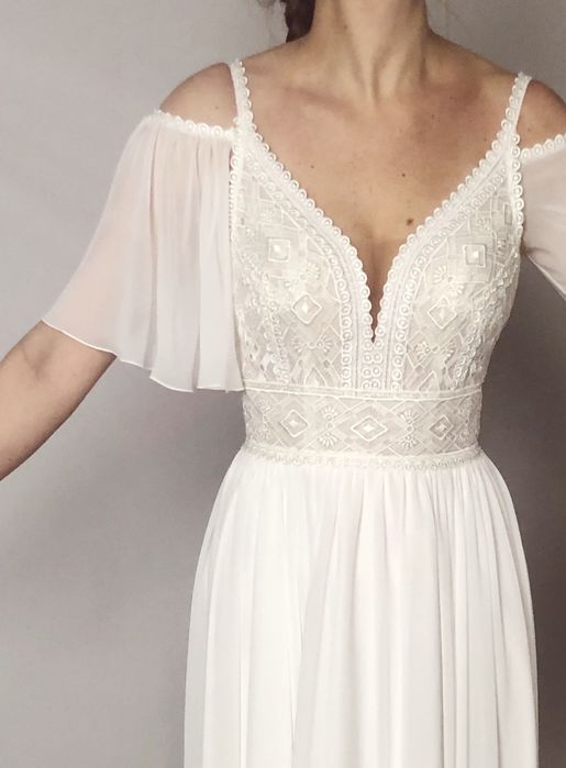 Nowa suknia ślubna Boho zwiewna muślinowy dół odpinane rękawy