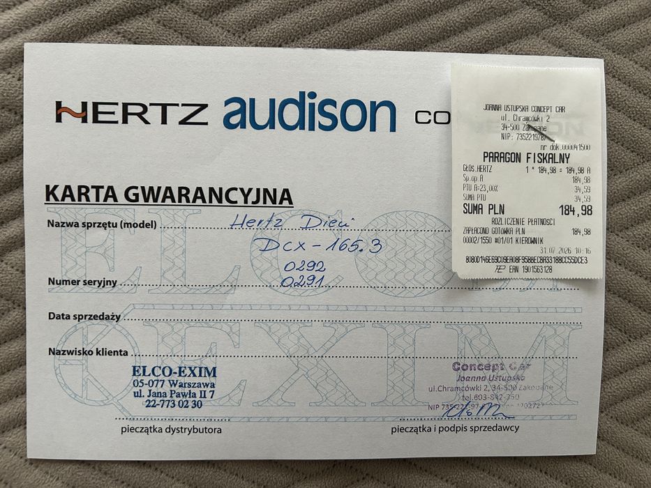 Glosniki samochodowe Hertz DSK 165.3; Hertz DCX 165.3; adaptery.