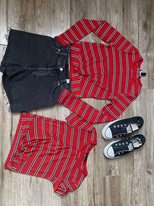 Zestaw bluzka wiązana supeł crop top prążki paski M38