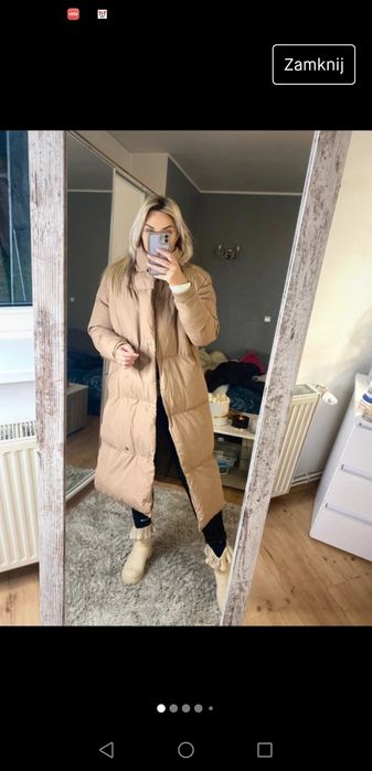 Płaszcz długi puchowy beżowy kurtka Długa Zimowa ciepła XL