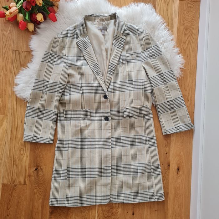 Płaszcz ASOS Oversize Krata Beżowy Dyplomatka Blazer Rozmiar 42 XL Plaid Oversized Coat Beige Check Longline Blazer Jacket 14