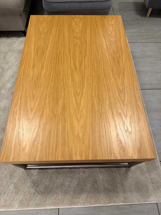 PORZĄDNY stolik kawowy 115x75x38, blat 7,5cm, furnier, nierdzewka